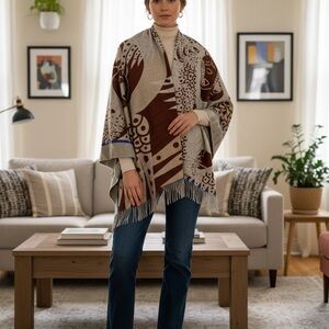 Never worn Manale knit shawl cardigan wrap open brown fringed bohemian OS
